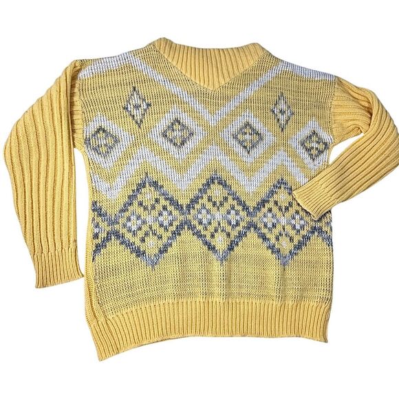Vintage USA 80’s J. KNIT Ski Sweater Chunky Yellow Gray Argyle - Picture 1 of 8
